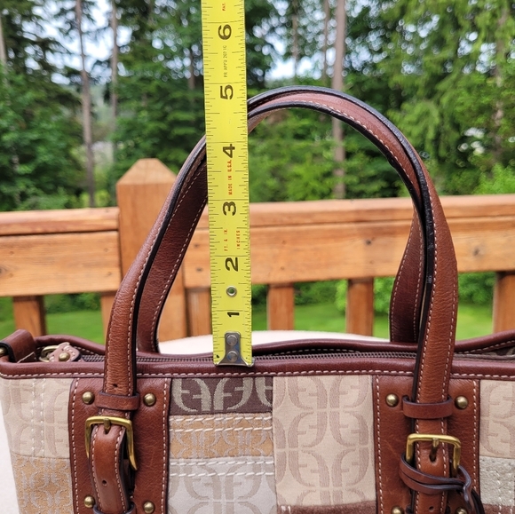 Fossil Signature Fabric Suede Patchwork Double Handle Satchel Crossbody Handbag - Picture 9 of 13